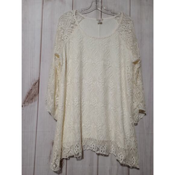 Brittany Black Top Womens 2XL Ivory Lace Crochet Tunic Long Sleeve‎ Boho Elegant - Picture 1 of 8